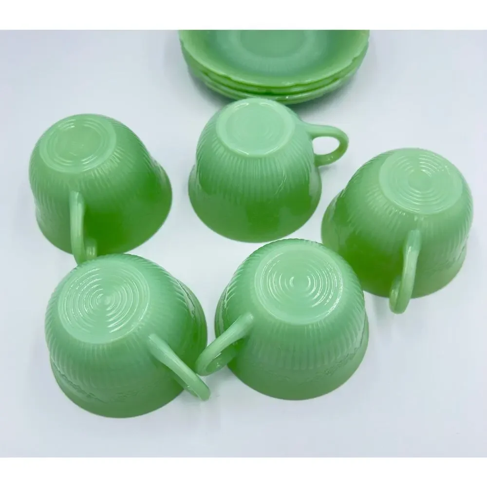 Anchor Hocking Fire King ALICE Jadeite Coffee Tea Cup & Saucer 9pc Lot